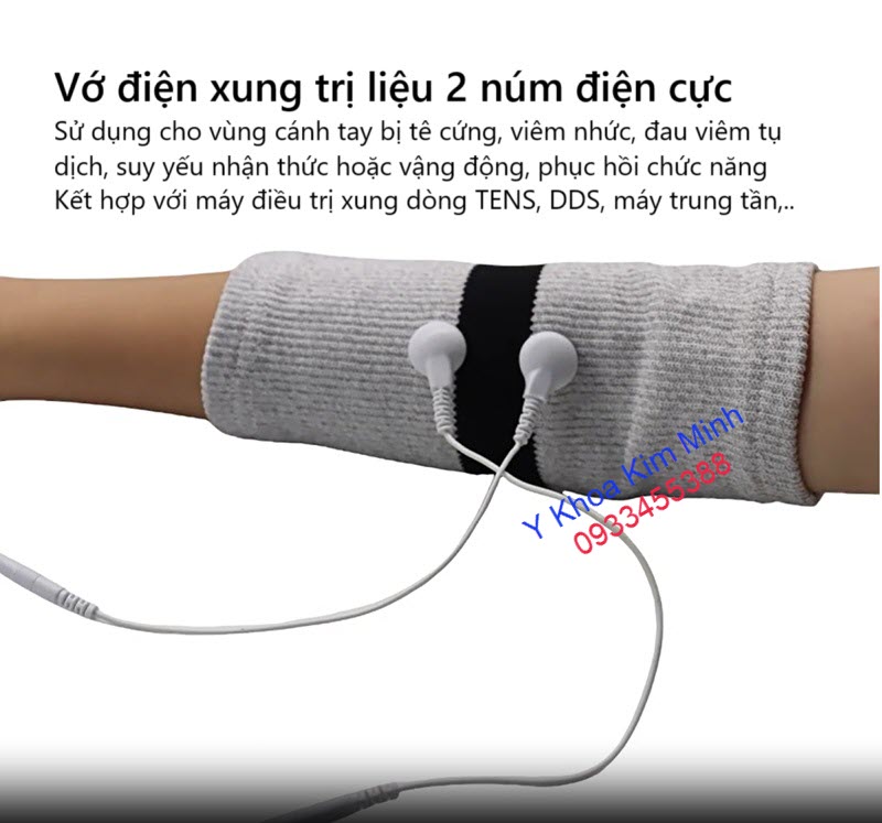 Vớ xung điện trị liệu cánh tay là loại vớ 2 núm điện cực sử dụng với máy Dr Ho, Aukewel, máy điện xung dòng TENS, máy vật lý trị liệu sóng trung tần, máy DDS, máy châm cứu