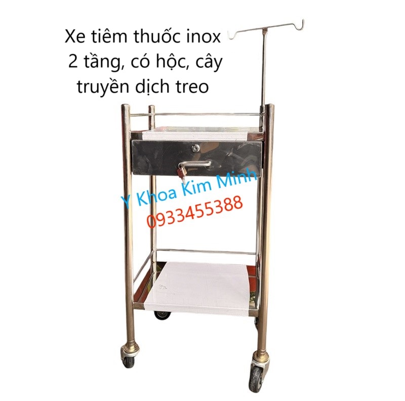 Xe tiêm inox 2 tầng có học có khóa có cây truyền dịch treo dùng tiêm cấp phát thuốc cho bệnh nhân tại giường