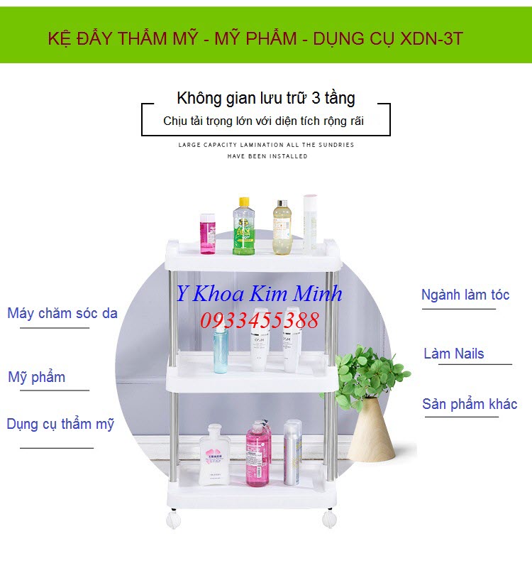 Xe day inox khay nhua 3 tang chua dung my pham dung cu cham soc da - Y khoa Kim Minh 0933455388